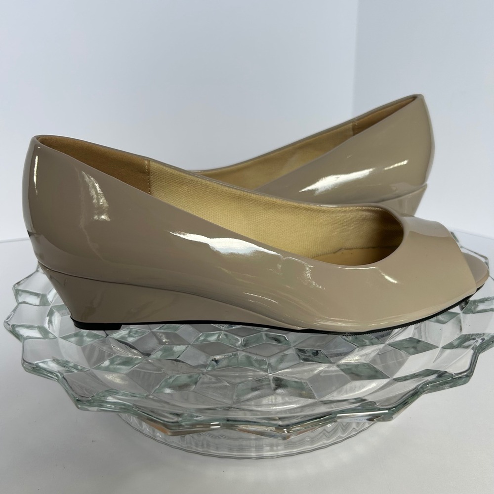 Appleseed's Beige Patent Peep-Toe Wedge Pumps
